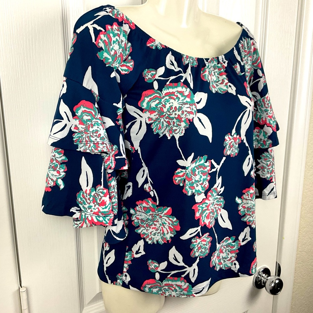 Pre-Owned Hot Kiss Women’s Navy Floral Top With Ruffled Bell Sleeves, Size L